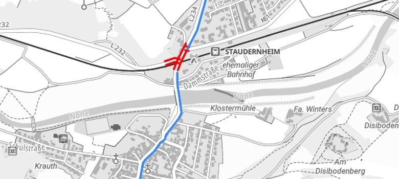 Straßenkarte welche eine Sperrung in Staudernheim zeigt